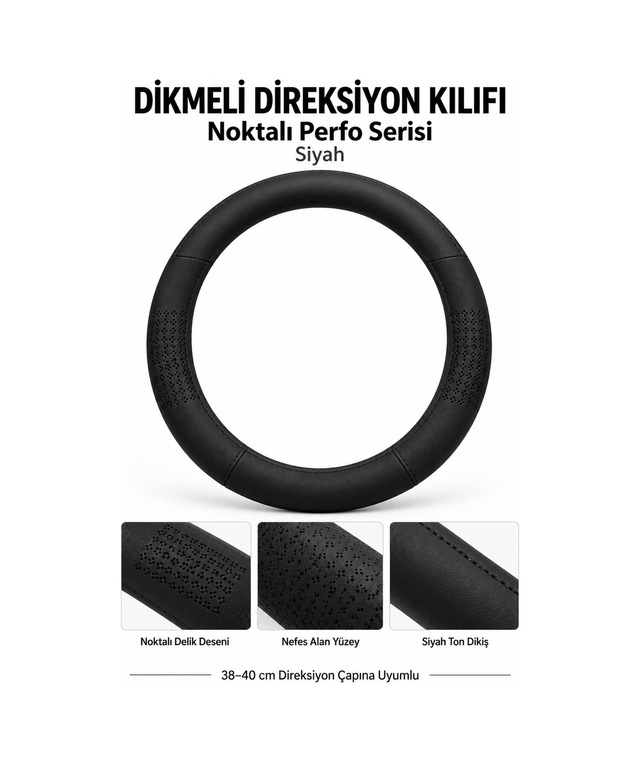 Trobus Audi Q5 2017-2023 Uyumlu Dikmeli Direksiyon Kılıfı Noktalı Perfo Siyah