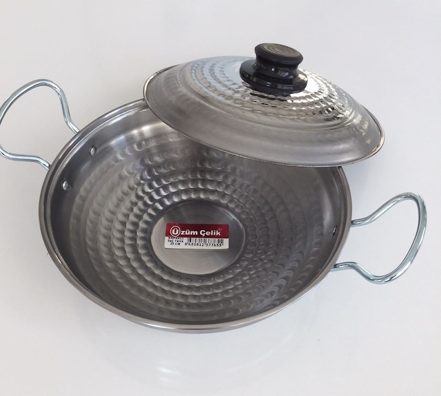 Kapaklı Paslanmaz Kavurma Sacı - Krom Çelik 1 No 25 CM + Ahşap Kaşık