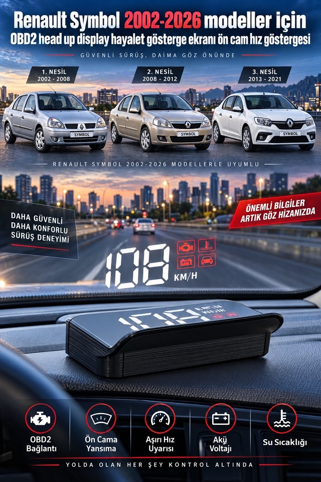 Renault Symbol 2002-2026 Modeller İçin Obd2 Head Up Display Hayalet Gösterge Ekranı Ön Cam Hız Göstergesi