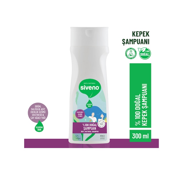 Siveno %100 Doğal Kepeğe Karşı Etkili Şampuan Günlük Bakım Yağlı Saçlar Çay Ağacı Keklik Üzümü Vegan 300 ML