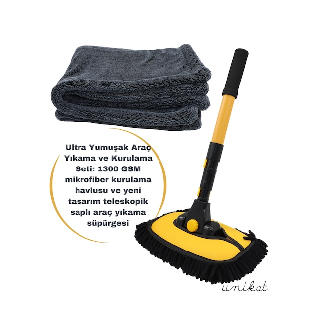 Ultra Yumuşak Araç Yıkama Ve Kurulama Seti 1300 Gsm Mikrofiber Kurulama Havlusu Ve Yeni Tasarım Teleskopik Saplı Araç Yıkama Süpürgesi.