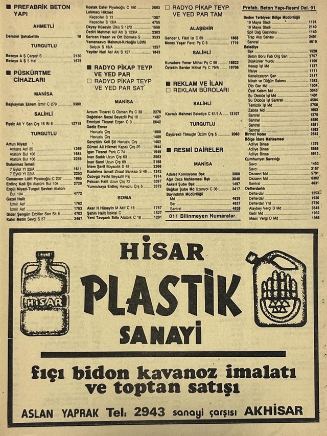 Manisa 1987 Meslek Reklam İlanı Efemera S-91 Teşhir Ürün