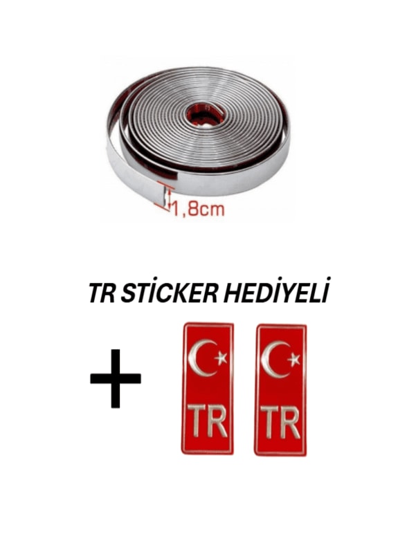 Her Araca Uyumlu Yapışkanlı Nikelaj Şerit Bant Çıta 18mm 5 Metre Krom + Tr Sticker li