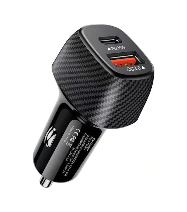 Mega Oto Market 20w Karbon Desenli Araç İçi Usb 3.0 Type C Soketli Çakmaklık Güç Adaptörü Tüm Cihazlar 12v-24v