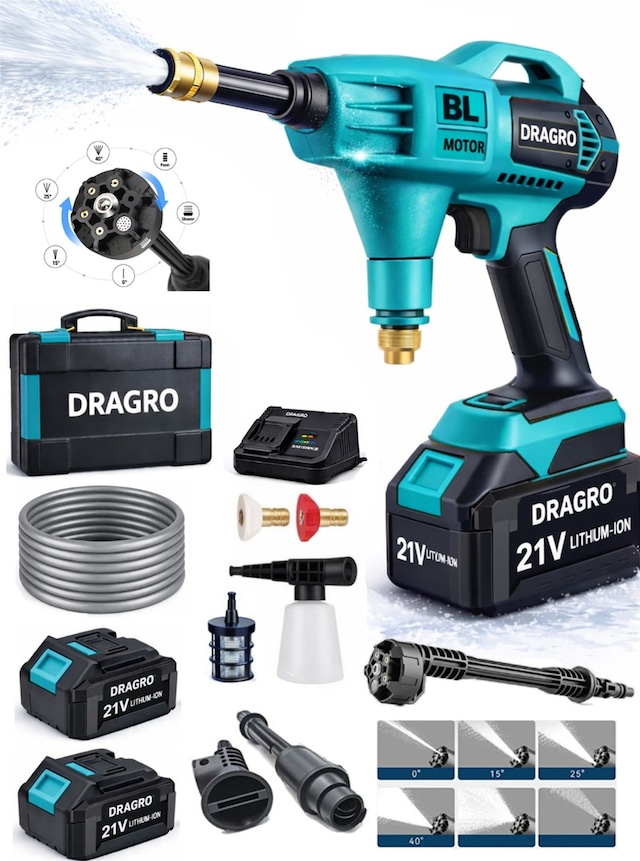 Dragro Drg-21vm - 21v M Kömürsüz Yüksek Basınçlı Şarjlı Oto Araba Bahçe Yıkama Makinesi Çift Akülü