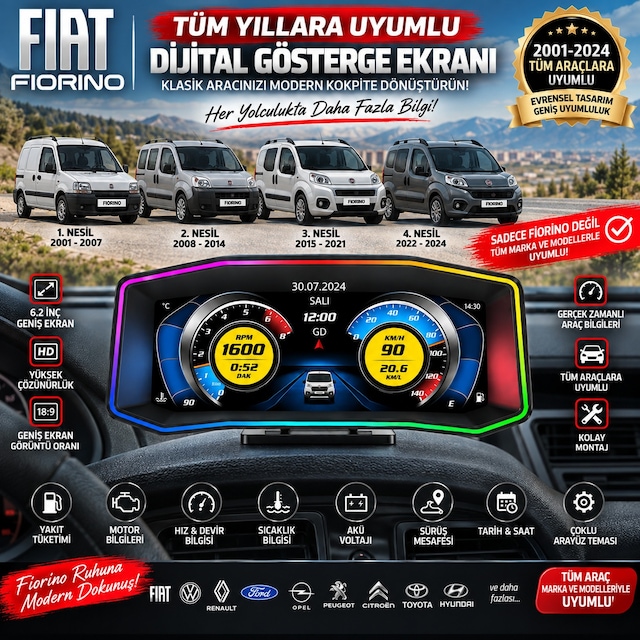 Fiat Fiorino 2001-2023 Modeller İçin Harici Digital Gösterge Odb Ekran Arıza Göstergesi Turbo Gösterge Hayalet Ekran