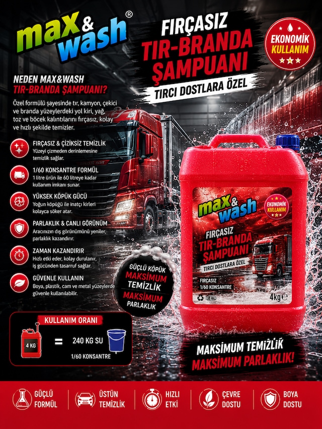 Max&wash 4 Kg Fırçasız Tır-branda Şampuanı 1/60 Konsantre Fırçasız Oto Yıkama Ve Branda Temizleyici