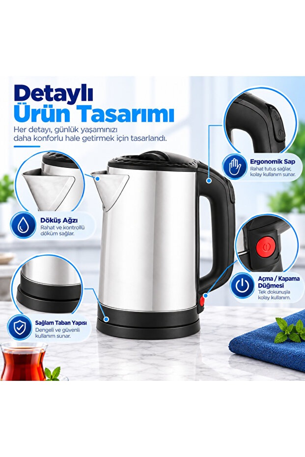 1.8 L Paslanmaz Çelik Elektrikli Su Isıtıcı Kettle 360 Döner Tabanlı Otomatik Kapanmalı Susuz Çalışma Korumalı