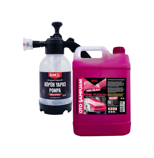 %90 Cilalı Pink Fusion Oto Şampuanı 5 Lt + 2 Lt Köpük Yapıcı Kimyasal Dayanımlı Pompa