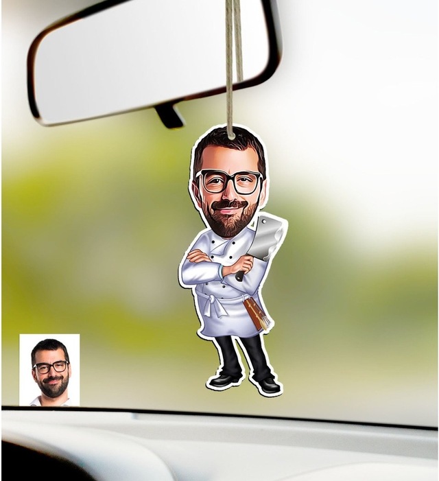 Kişiye Özel Bay Chef Karikatürlü Ahşap Araba Dikiz Ayna Süsü-3