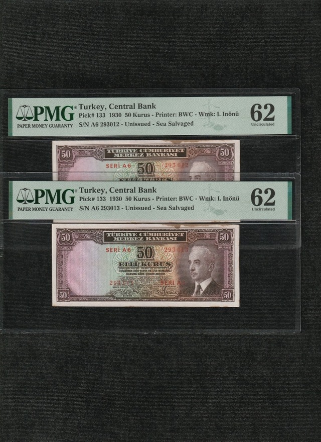 Pmg 62 Unc Çil İnönü Batan Gemi 50 Kuruş P 133 1930 S/n A6 293012/13 2. Ems Seri Takipli