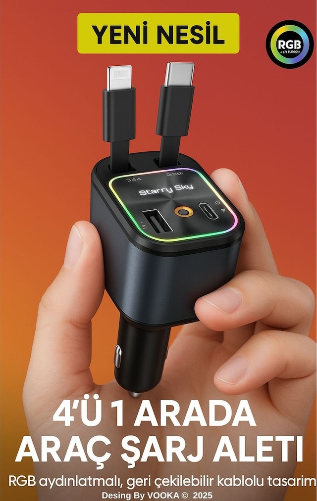 66w Araç Şarj Adaptörü Type-c + Lightning Makaralı Kablo, Usb + Type-c Girişli, Hızlı Şarjlı