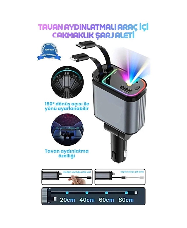 Led Işık Tavan Aydınlatmalı 66w 4'1 Çift Kablolu Hızlı Şarj 3.4a Araç İçi Çakmaklık Şarj Aleti Siyah