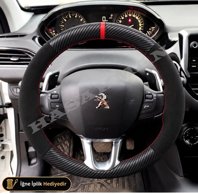 Peugeot 2008 Dikme Direksiyon Kılıfı Alcantara Süet Mat Karbon Kırmızı Yüzük Ve Dikiş Active-allure-gt-line-f1 Vitesli Tipler 2016-2019
