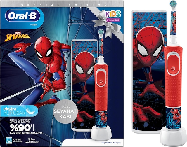 Oral-B D100 Vitality Spiderman Özel Seri Çocuklar İçin Ekstra Yumuşak Şarj Edilebilir Diş Fırçası + Seyahat Kabı