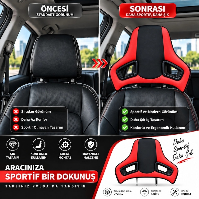 Universal Araç Koltuk Kafalığı Spor Yarış Tipi Lüx Deri Oto Başlık-kırmızı Kırmızı Siyah