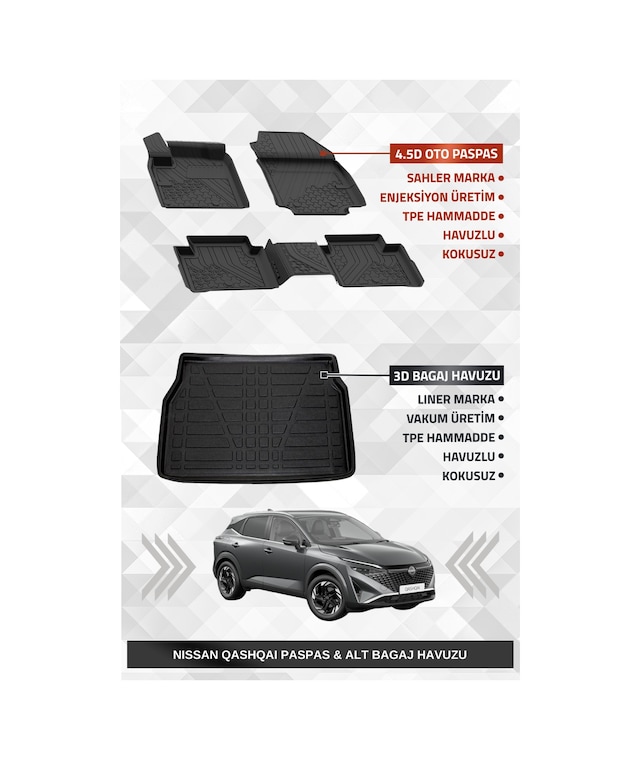 Sahler Qashqai 2022+ Benzinli Uyumlu 4.5d Premium Havuzlu Oto Paspas Ve Liner Marka 3d Alt Bagaj Havuzu