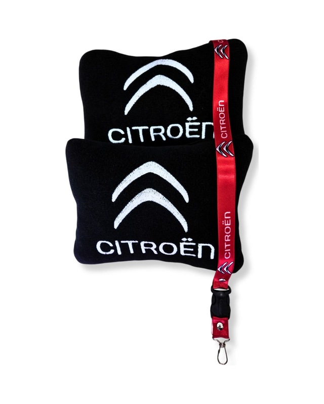 Citroen Nakışlı Siyah Polar Ortopedik Oto Koltuk Seyahat Boyun Yastığı Citroen Oto Ayna Askısı Siyah