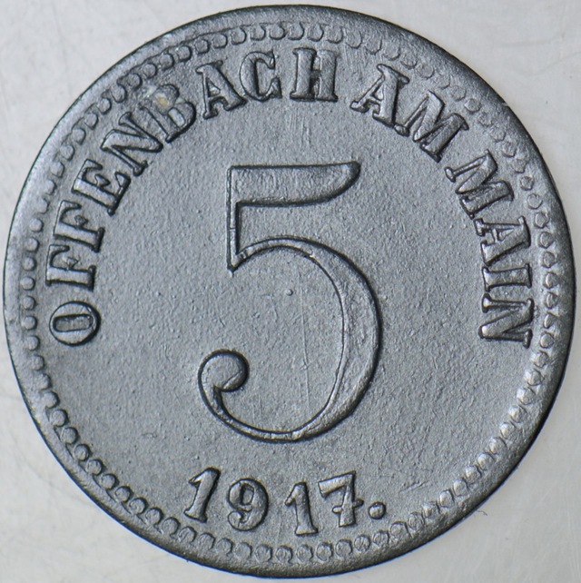 Almanya 5 Pfennıg 1917 Notgeld-offenbach. I. Dünya Savaşı Dönemi Çinko.