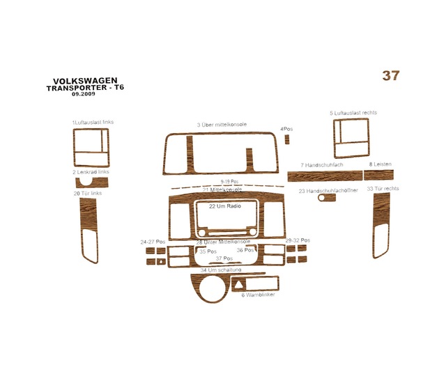 Volkswagen Transporter T6 Torpido Kaplama 2009-2014 37 Parça Açık Meşe