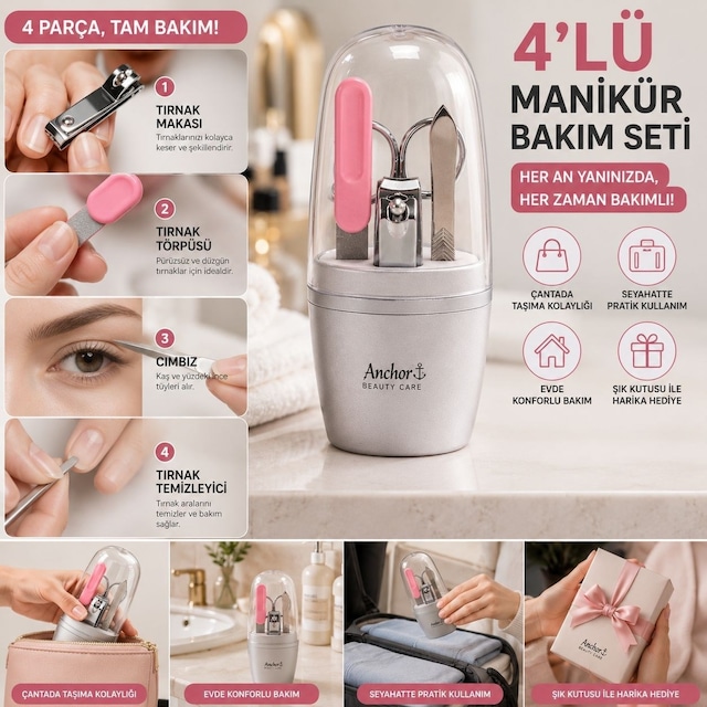 4 Lü Manikür Pedikür Bakım Seti Tırnak Makası, Törpü, Cımbız Ve Bakım Aparatlı Kompakt Taşınabilir Kişisel Bakım Seti