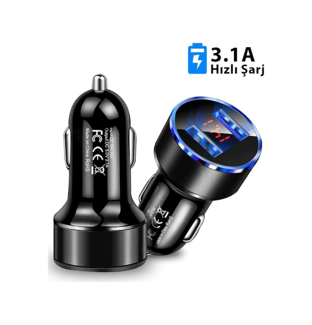 Mega Oto Market Çakmaklık Oto Araç Hızlı Şarj Aleti 3.1a Usb Çift Girişli Siyah Led Ekranlı