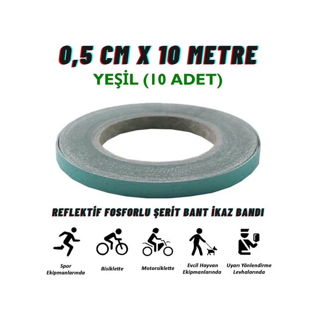 Carub Reflektif Fosforlu Şerit Bant 0,5 Cm X 10 Metre Yeşil İkaz Bandı BR2405005