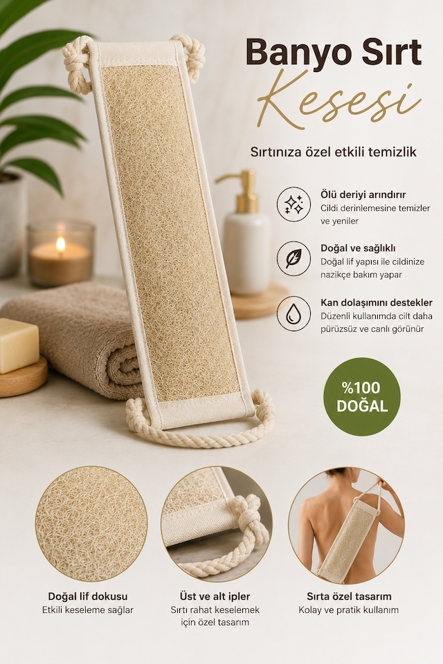 Naturel Kabak Uzun Sırt Tipi İpli Banyo Kesesi Bej