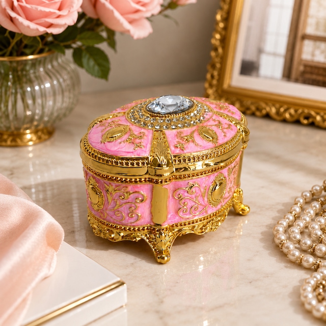 Kristal Taşlı Oval Mücevher Kutusu Kadife İç Kaplamalı Gold İşlemeli Takı Kutusu Dekoratif Saklama Kutusu Açık Pembe
