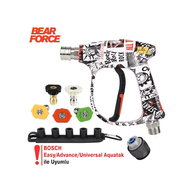 Robeve Bear Force Pop-art Tasarım Araç Yıkama Tabancası 5li Nozzle Set Ve Kemer Klipsli Ile Birlikte Profesyonel Pop-art Tasarım Oto Yıkama Tabancası Bosch Aquatak Uyumlu