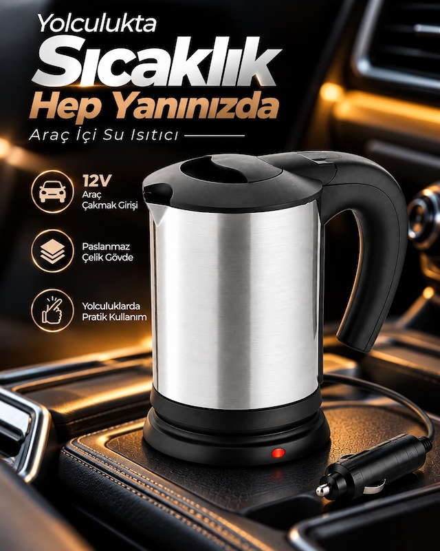 12v Araç Çakmak Girişli Paslanmaz Çelik Araç İçi Su Isıtıcı Seyahat Tipi Pratik Kettle - Bayi Depom