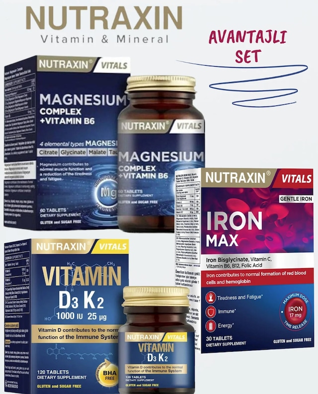 Nutraxin Magnezyum Complex 60 Tablet + Iron Max 17mg 30 Tablet + D3k2 Vitamini 120 Tablet Üçlü Set