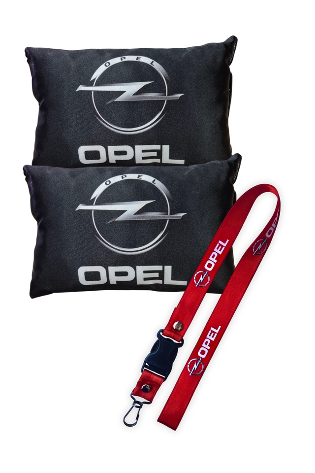 Opel Logolu Dijital Baskılı Siyah Araç Boyun Yastığı & Kırmızı Oto Ayna Askısı 2 Li Set Siyah Kırmızı