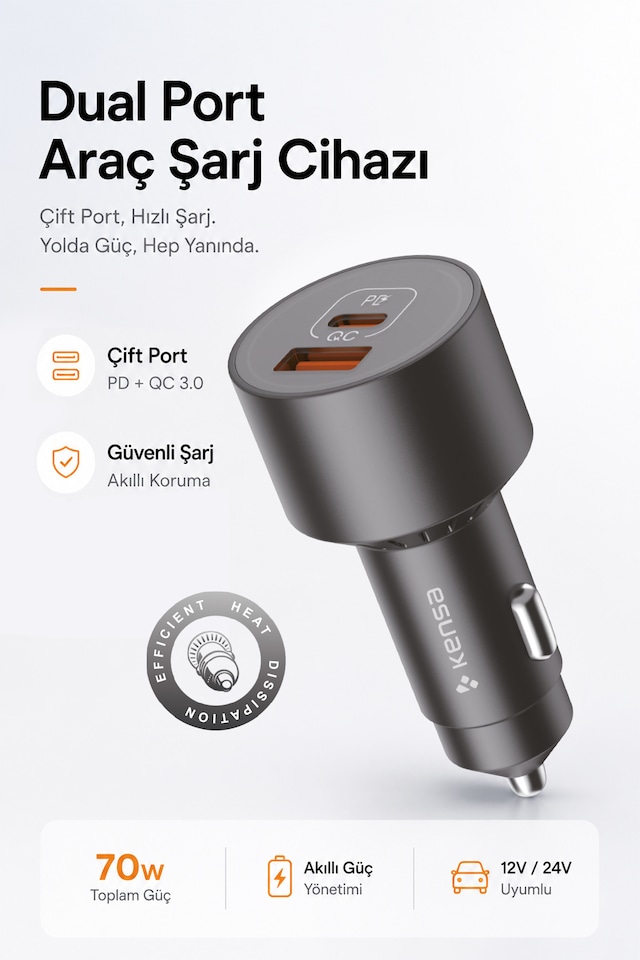 Kensa 70w Araç Hızlı Şarj Aleti Usb-c + Qc Usb-a Girişi Tüm Araçlar Uyumlu Şarj 70w Car Charger