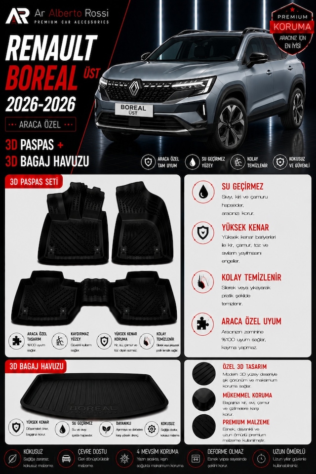 Renault Boreal Üst Kısım 2026-2026 Araca Özel 3d Paspas + 3d Bagaj Havuzu