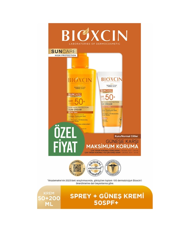 Bioxcin Sun Care Spf 50 Yüz Güneş Kremi 50 ml Kuru ve Normal Cilt + Vücut Güneş Spreyi 200 Ml Avantaj Seti