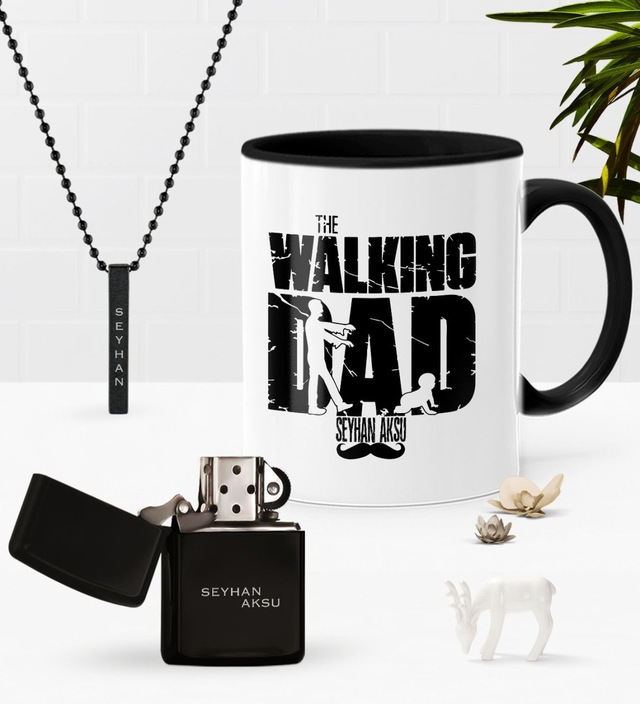 Kişiye Özel The Walking Dad Siyah Kupa Benzinli Çakmak Kolye Seti N11.2015