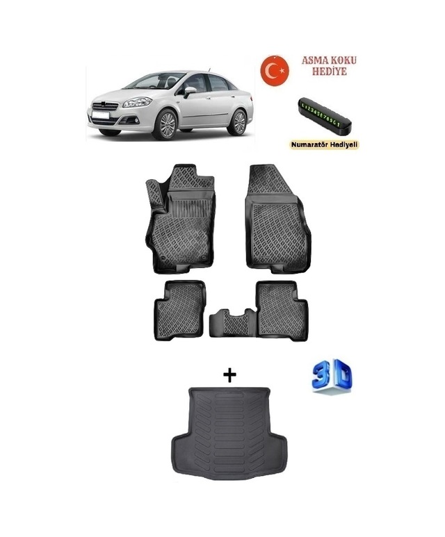Rizline Fiat Linea 2007 Sonrası Uyumlu 3d Havuzlu Paspas Ve Bagaj Havuzu Seti Asma Koku Ve Numaratör