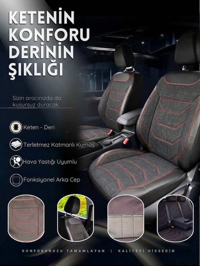 Linum Serisi Keten Kumaş Oto Koltuk Kılıfı Kırmızı Siyah