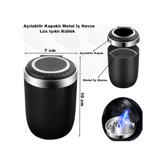 Araç-Ev ve Ofis Küllük Kapaklı Model Işıklı Küllük Metal İç Havza