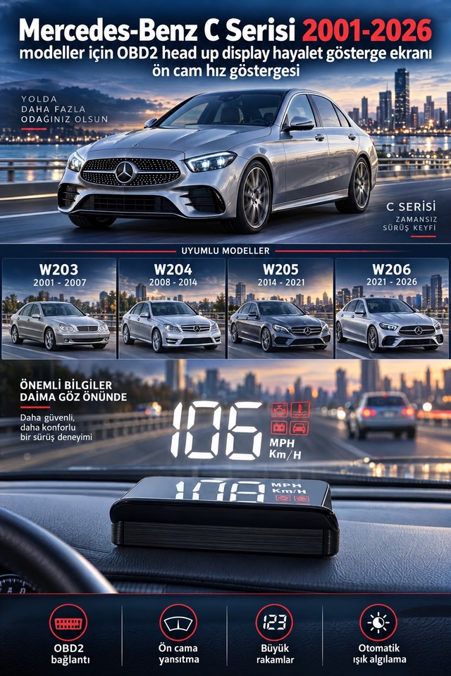 Mercedes-benz C Serisi 2001-2026 Modeller İçin Obd2 Head Up Display Hayalet Gösterge Ekranı Ön Cam Hız Göstergesi