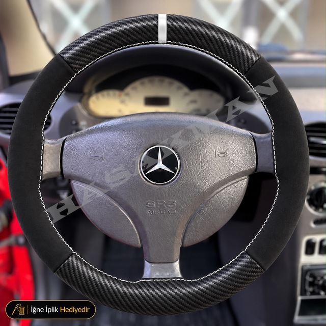 Mercedes Vaneo W414 Dikme Direksiyon Kılıfı Alcantara Süet Mat Karbon Beyaz Yüzük Ve Dikiş Hafif Ticari-3 Kollu-tuşsuz 2002-2005