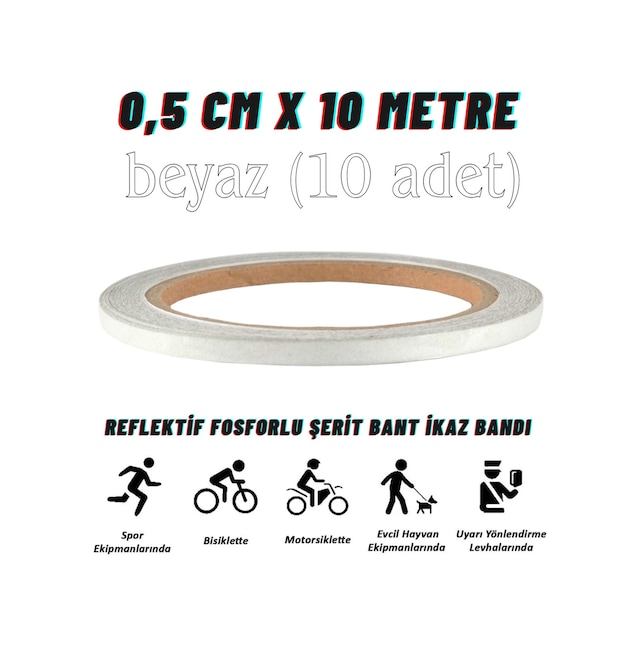 Carub Reflektif Fosforlu Şerit Bant 0,5 Cm X 10 Metre Beyaz İkaz Bandı BR2405001