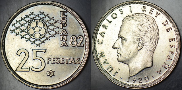 İspanya 25 Peseta 1980. Fıfa Dünya Kupası 1982 Temalı. Çilaltı+