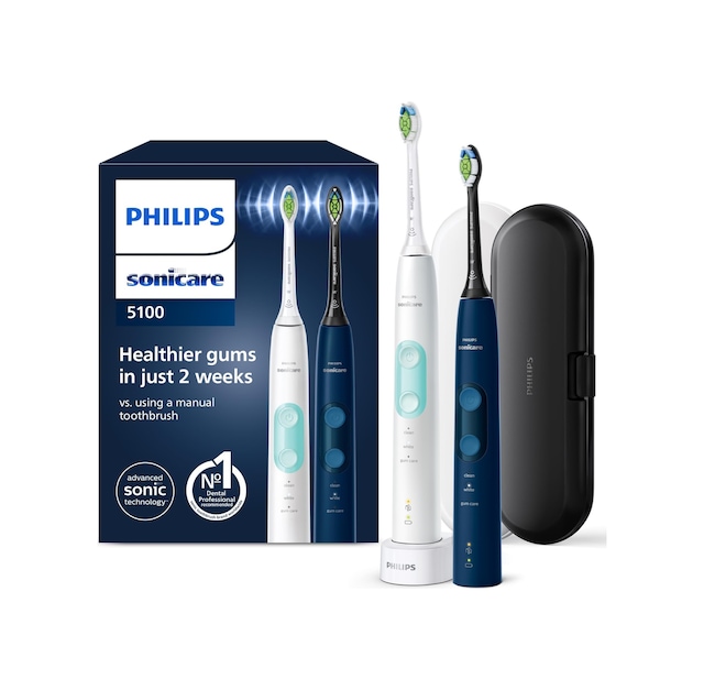 Philips Sonicare Protectorclean 5100 Elektrikli Diş Fırçası, 3 Fırçalama Moduna Sahip Sonik Diş Fırçası, Temiz Ve Beyaz, Basınç Sensörü, Zamanlayıcı Ve Seyahat Çantası, Beyaz Ve Mavi, 2'li Paket, Model Hx6851/34