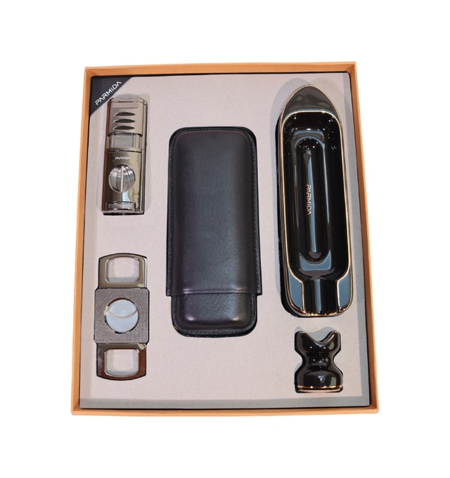 Parmida 3 Torch Pürmüz Çakmak Kılıf Küllük Kesici Sehpa Gunmetal Siyah Beşli Puro Seti Tr10027
