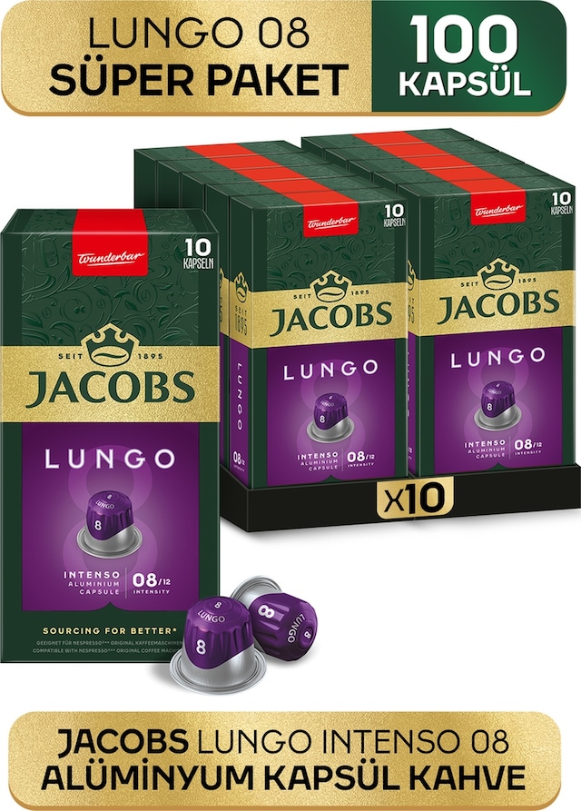 Jacobs Lungo 8 Intenso Nespresso Uyumlu Alüminyum Kapsül Kahve 10 Adet X 10 Paket Kapsül Kahve