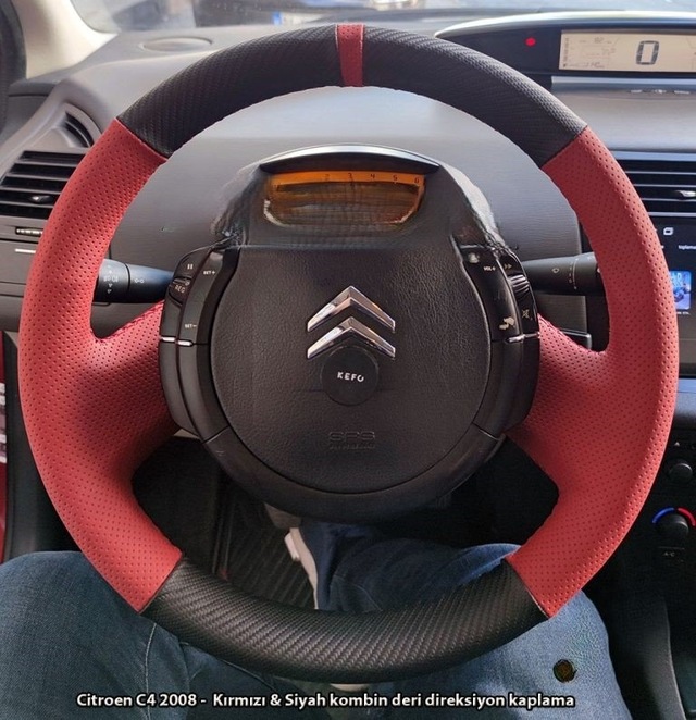 Citroen C4 2008 Araca Özel Direksiyon Kılıfı Soft Kırmızı Karbon