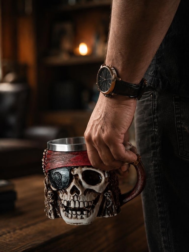 Korsan Kuru Kafa Kupa Bardak 400 Ml Paslanmaz Çelik İç Hazneli Dekoratif Skull Mug Kahve Çay Kupası
