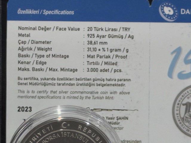 2023 Borsa İstanbul Un 150. Yılı 20 Türk Lirası 925 Ayar Gümüş Proof Sertifikalı